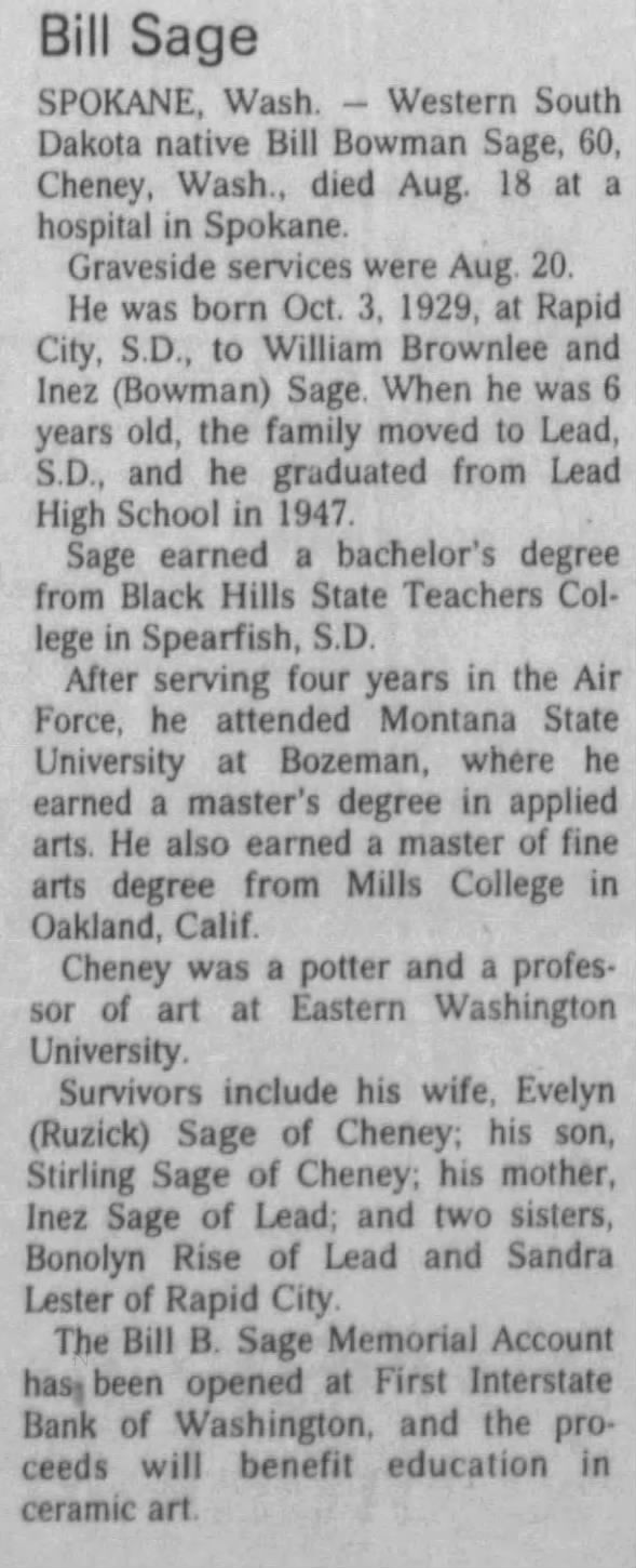 Obituary for Bill Bowman Sage (Aged 60)